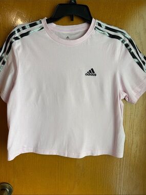 adidas Pink Cropped Tee with Black Striped Shoulder Detail